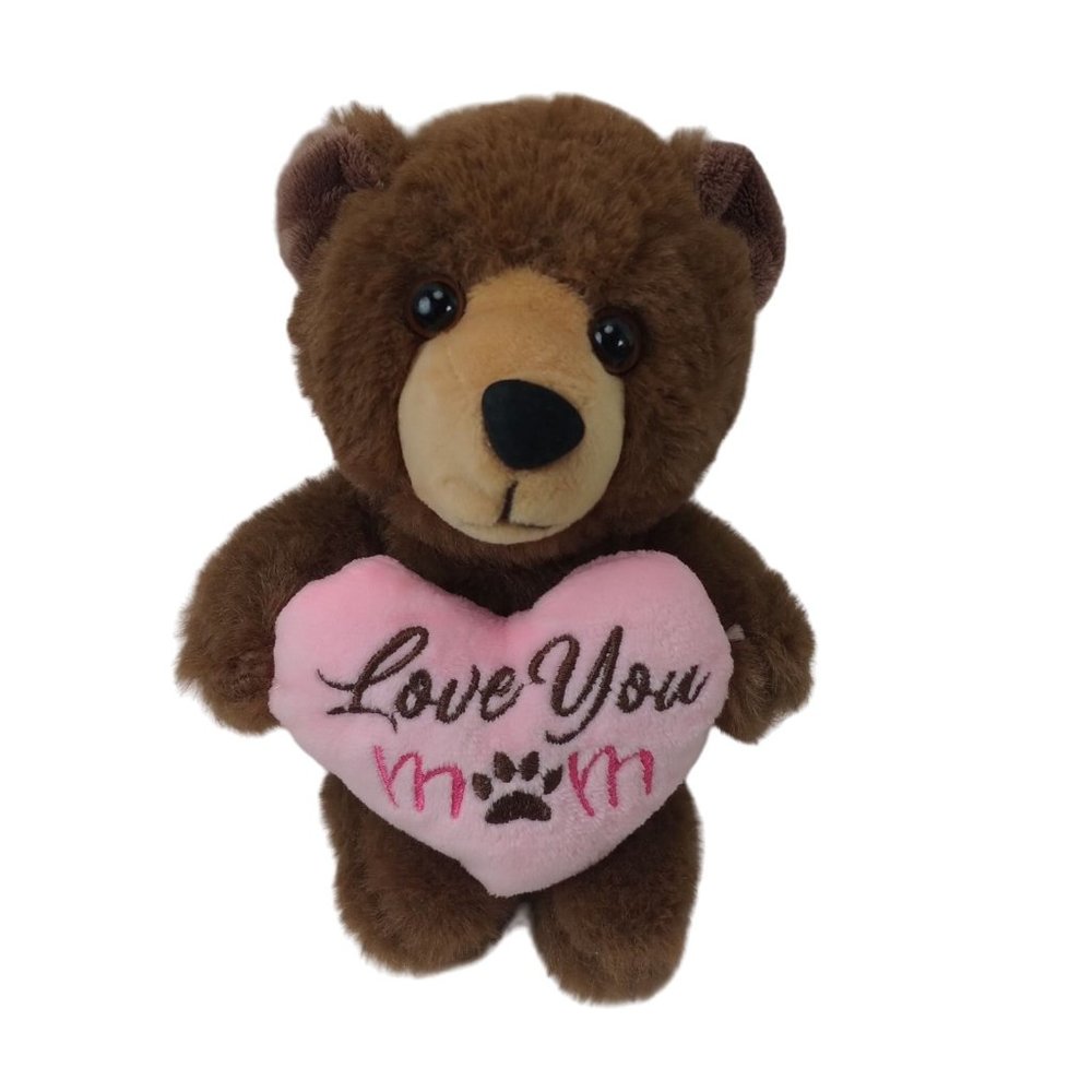 MTY International Brown Bear W/Pink Heart " Love You Mom" Plush 6" Stuffed Anima